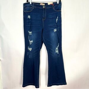 Elite Jeans Dark Blue Wash Denim Distressed Wide Flare Leg Elastic Waist 2X NWT